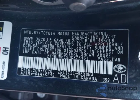 2017 Toyota Corolla Se from USA, damaged, VIN 2T1BURHE9HC875161